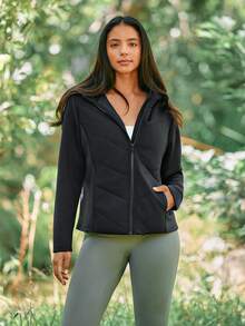 Voyena Women's Plus Size Zipper Comfortable Pocket Hooded Sports Padded Coat - Black - View 1