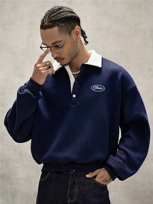 PAVTROS Men's Letter Print Polo Collar Long Sleeve Casual Loose Sweatshirt