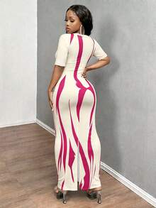 INAWLY Solva Gaun Wanita Musim Panas Seksi Slim Fit Lengan Pendek Bermotif - MultiWarna - View 2
