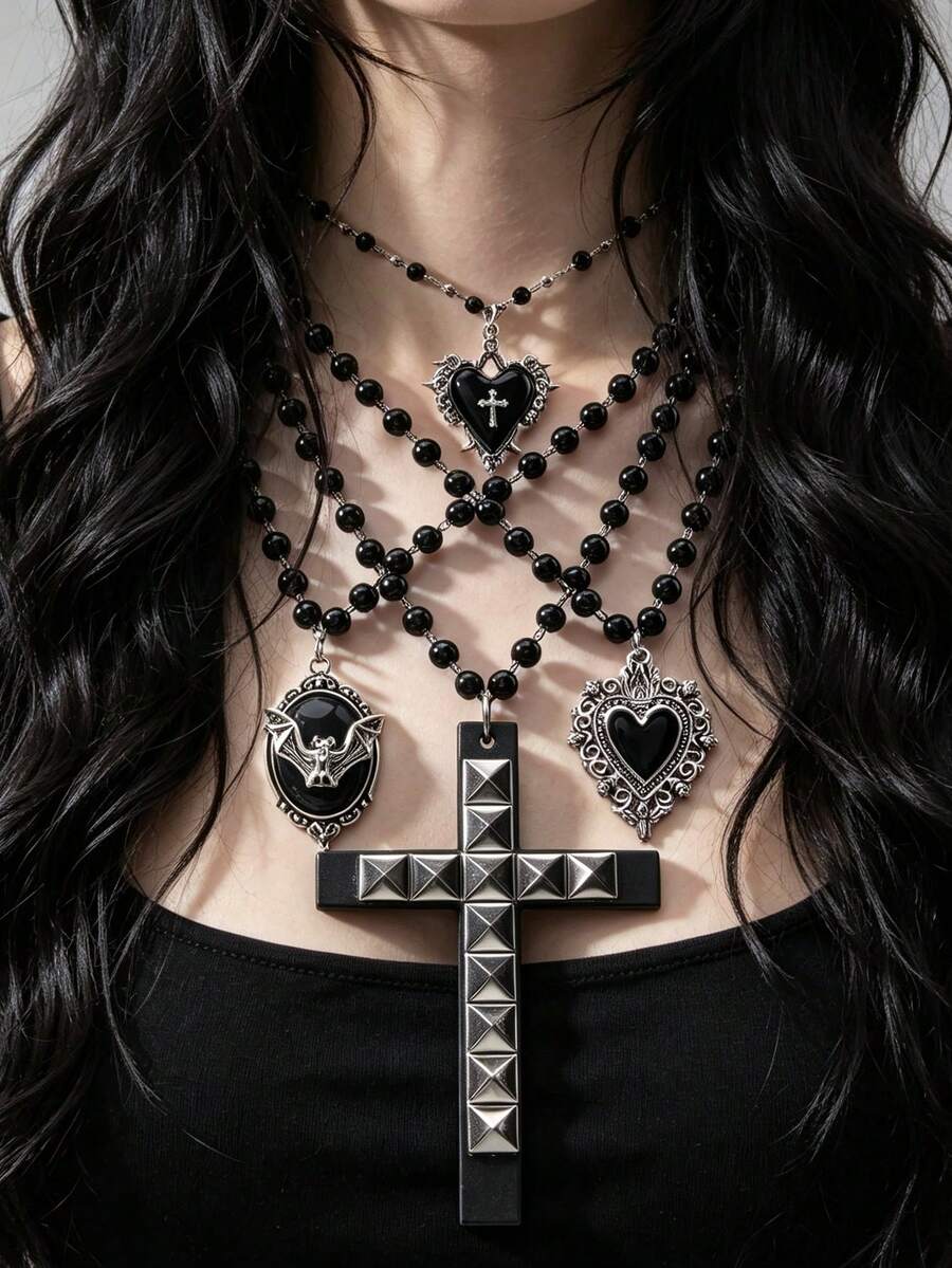 ROMWE Goth 4件組哥德式層次十字架項鍊女款,復古黑色珠飾多層項鍊附蝙蝠愛心十字吊墜,龐克風格珠寶萬聖節派對禮物 - 黑色 - 查看 1
