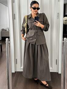 Dazy Plus Solid Color Casual Pocket Long Sleeve Blazer Top Pleated Long A-Line Skirt Spring Autumn Suit Set - Khaki - View 4