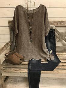 EMERY ROSE Summer Solid Short Sleeve Round Neck Blouse - Brown - View 1