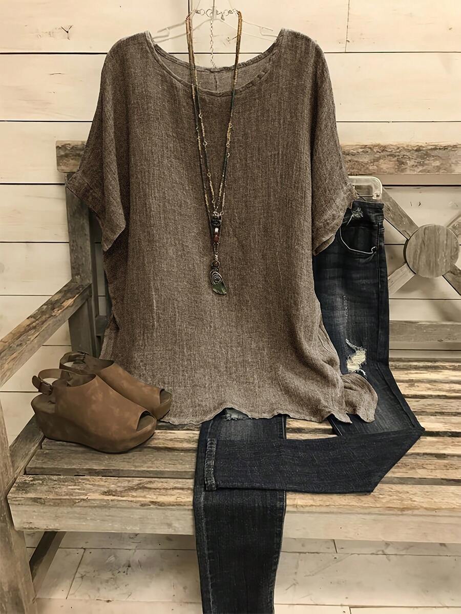 EMERY ROSE Summer Solid Short Sleeve Round Neck Blouse - Brown - View 1