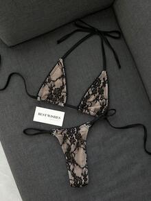 Bonvoyette 女款海灘蕾絲掛脖綁帶性感比基尼兩件式泳衣套裝 - 黑色 - 查看 4