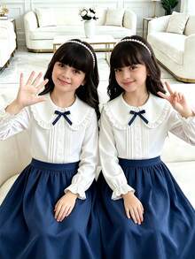 SHEIN Elladie kids 少女白色襯衫，秋季返校娃娃裝上衣，大蕾絲翻領配海軍藍蝴蝶結門襟，細緻百褶設計與荷葉邊袖口 - 白色 - 查看 4