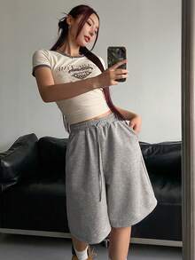 DAZY 女士纯色抽绳腰带口袋宽松休闲短裤 - 灰色 - 查看 2