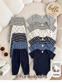 Conjunto de 6 piezas de mono de manga corta con estampado de rayas y estrellas para bebé niño (monos y pantalones se venden por separado) - Multicolor - Ver 1