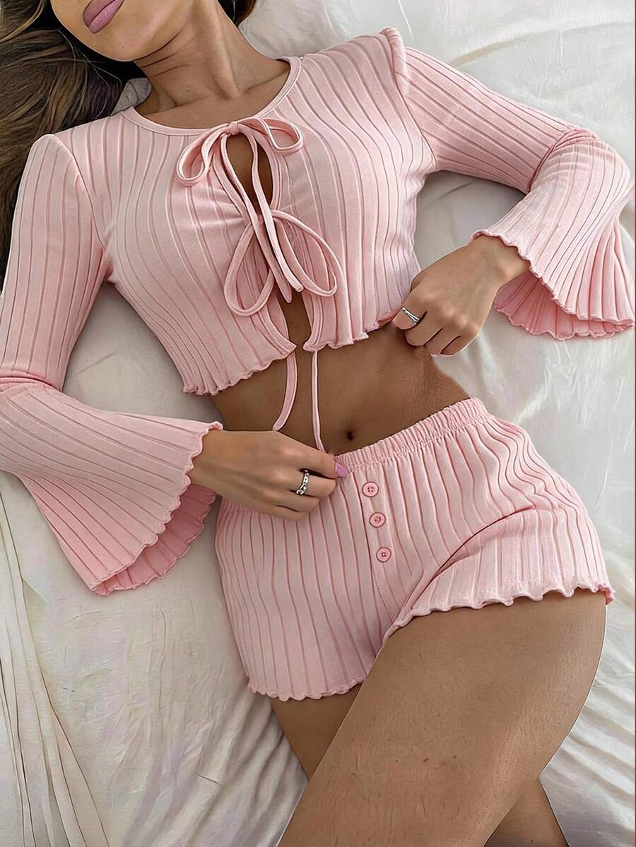 Soleia Women's Solid Color Bell Sleeve Tie Front Cropped Top & Shorts 2 Pieces Set,Going Out - Pink - View 1