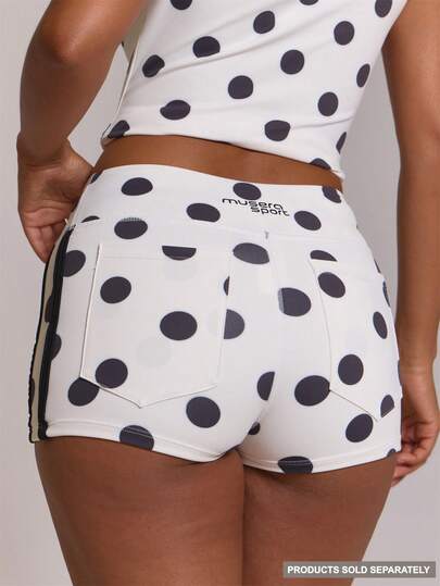 Musera Sport Quần short micro ôm sát cạp cao màu trắng họa tiết chấm bi logo thể thao, chỉ quần, cho Pilates, tập fitness, mặc thường ngày và phong cách casual