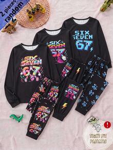 SHEIN 青少年男孩貼身版型霓虹 67 圖案圓領長袖上衣與長褲休閒舒適居家睡衣 2 件套 - 彩色 - 查看 1