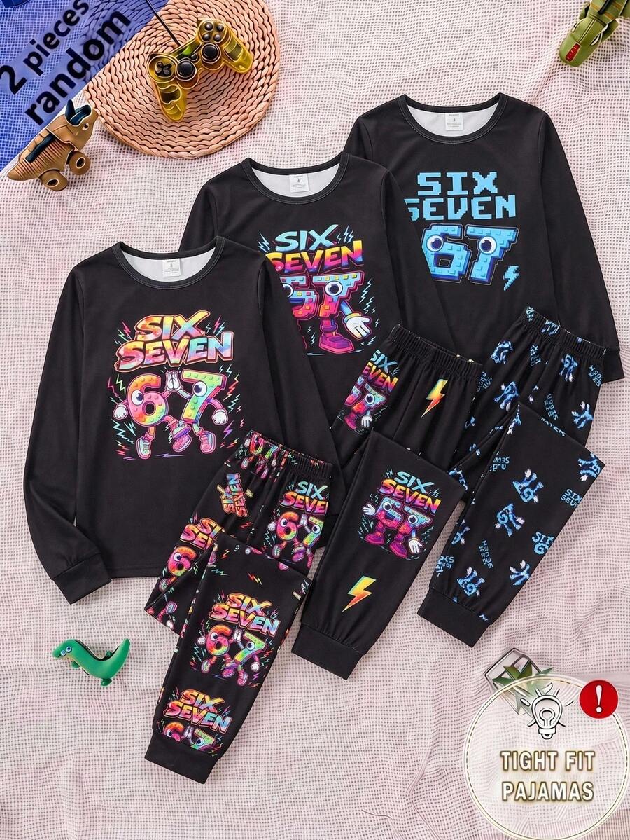 SHEIN 青少年男孩貼身版型霓虹 67 圖案圓領長袖上衣與長褲休閒舒適居家睡衣 2 件套 - 彩色 - 查看 1