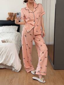 Napfluff Halloween Funny Pumpkin Print Striped Loungewear Set, Comfortable Lapel Short Sleeve 2 Pieces Set - Coral Orange - View 2