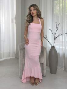 Jemour Gaun Wanita Elegan dengan Rumbai di Bagian Bawah Model Duyung dan Leher Halter, Warna Pink untuk Pesta Musim Panas - Berwarna merah muda - View 4