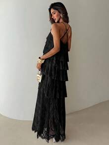 Aloruh Vestido de vacaciones para mujer con volantes multicapa, encaje y cuello halter - Negro - Ver 2