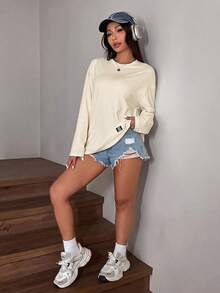 SHEIN EZwear 夏季純色蝴蝶結裝飾短版修身T恤 - 杏色 - 查看 4