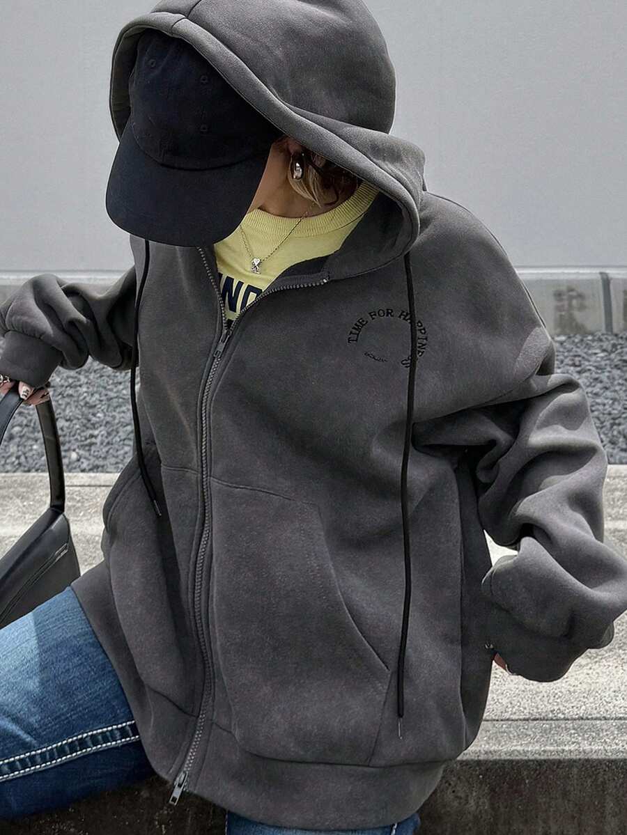Dazy Plus Plus Size Letter Embroidered Loose Fit Double Zipper Thermal Lined Thick Hooded Sweatshirt - Dark Grey - View 1