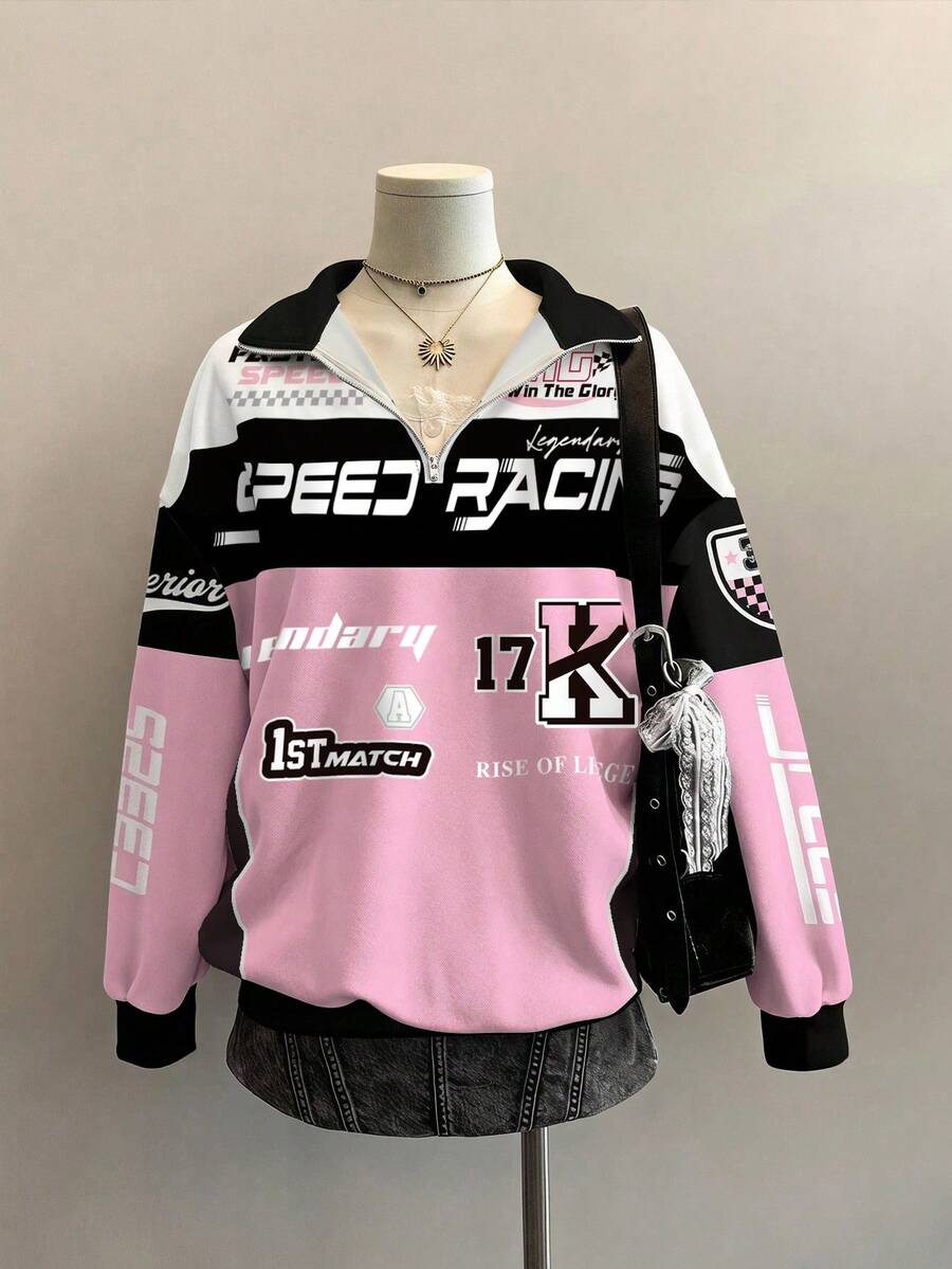 Attitoon Sudadera de mujer con bloques de color, patchwork e impresión de letras - Multicolor - Ver 1