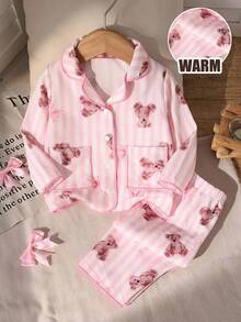 LMoss Kids Baby Girl Baby Girl Sweet Minimalist Bow Cartoon Bear Pattern Collared Button Long Sleeve Pants Comfortable Knit Pajama Set 2 Pieces - Multicolor - View 2