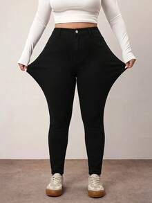 SHEIN CURVE+ 大尺碼休閒寬鬆修身牛仔褲 素色百搭 正式時尚週穿搭 黑色 冬季秋季 早午餐 外出度假造型 - 黑色 - 查看 3