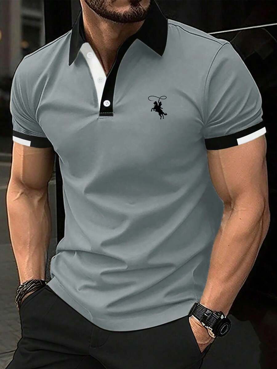 Calvornis 男士騎士印花短袖休閒 Polo 衫 - 灰色 - 查看 1