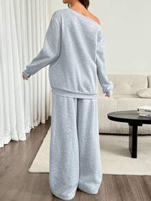 SHEIN Maternity Autumn/Winter Casual Bowknot Print Thermal Lined Sweatshirt & Sweatpants 2 Pieces Set - Grey - View 2