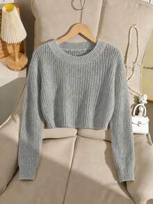 SHEIN Tween Girl Solid Color Casual Versatile Daily Long Sleeve Sweater - Grey - View 1