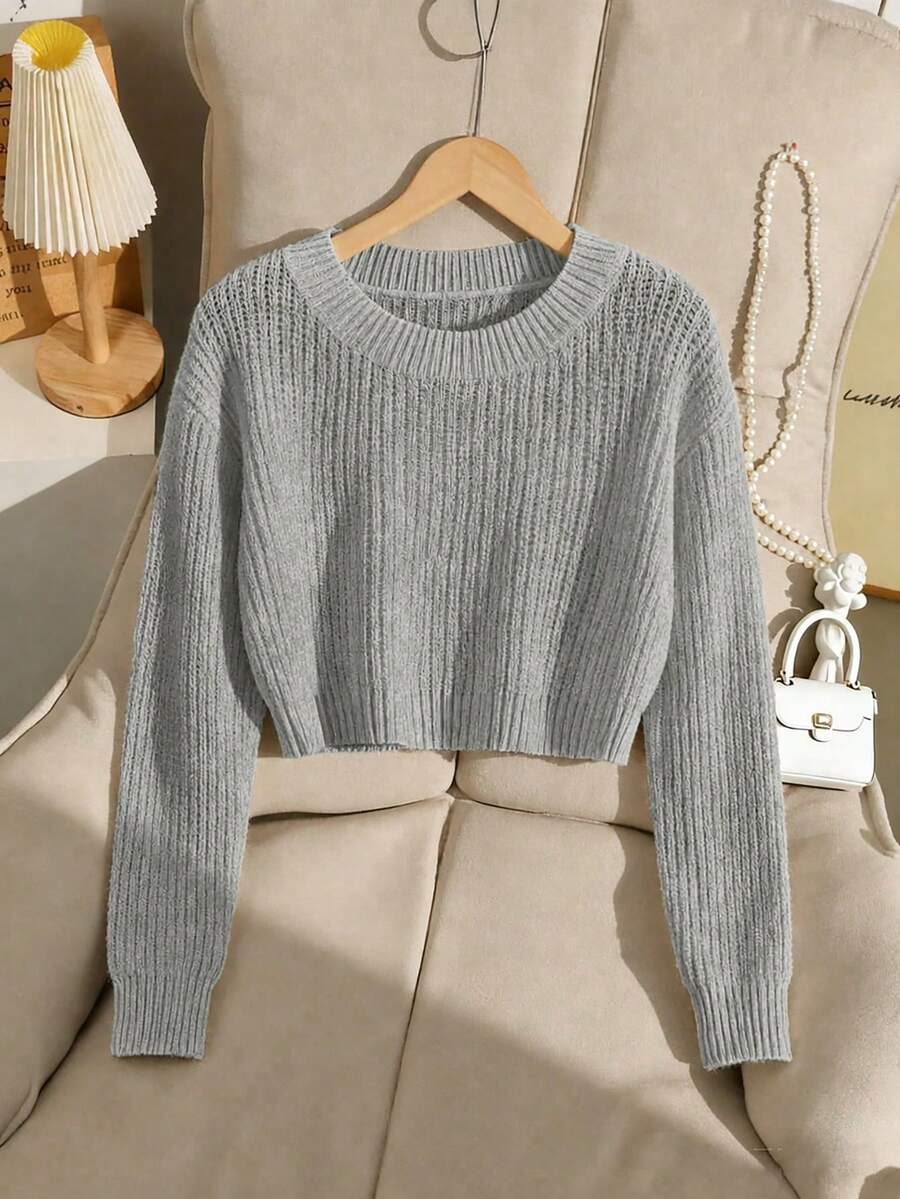 SHEIN Tween Girl Solid Color Casual Versatile Daily Long Sleeve Sweater - Grey - View 1