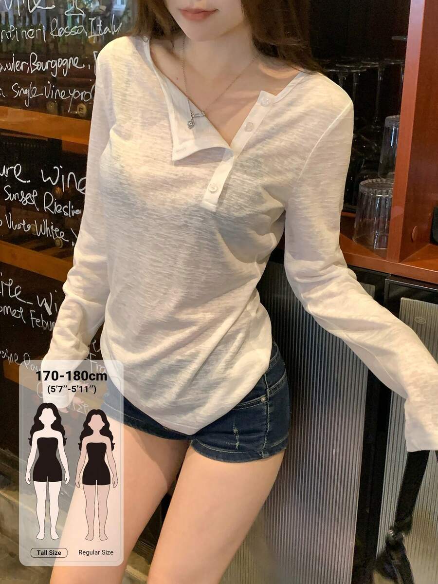 Dazy Tall 女款圓領不對稱前襟長袖套頭內搭休閒T恤 - 白色 - 查看 1