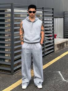DAZY Autumn/Winter Thermal Lined Grey Hooded Sleeveless Half-Zip Sweatshirt And Elastic Waist Long Pants Men's Set - Grey - View 3