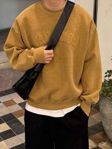 DAZY Autumn/Winter Thermal Lined Camel Color Letter Patchwork Crew Neck Short Loose Fit Men's Pullover Sweatshirt - Camel - View 7