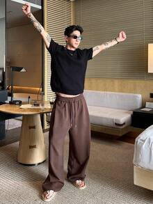 DAZY Spring/Autumn Loose Brown Elastic Waist Pleated Design Men's Sweatpants - Brown - View 6