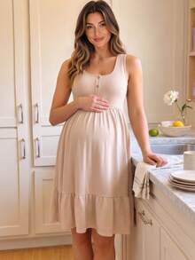 GentleRue Maternity Solid Color U-Neck Sleeveless Ruffle Trim Casual Comfortable Nursing Dress For Summer - Apricot - View 1