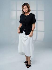 SARA VAULT Metal Button Closure Top & Contrasting Color Flared Skirt Suit Elegant Summer - Black and White - View 2