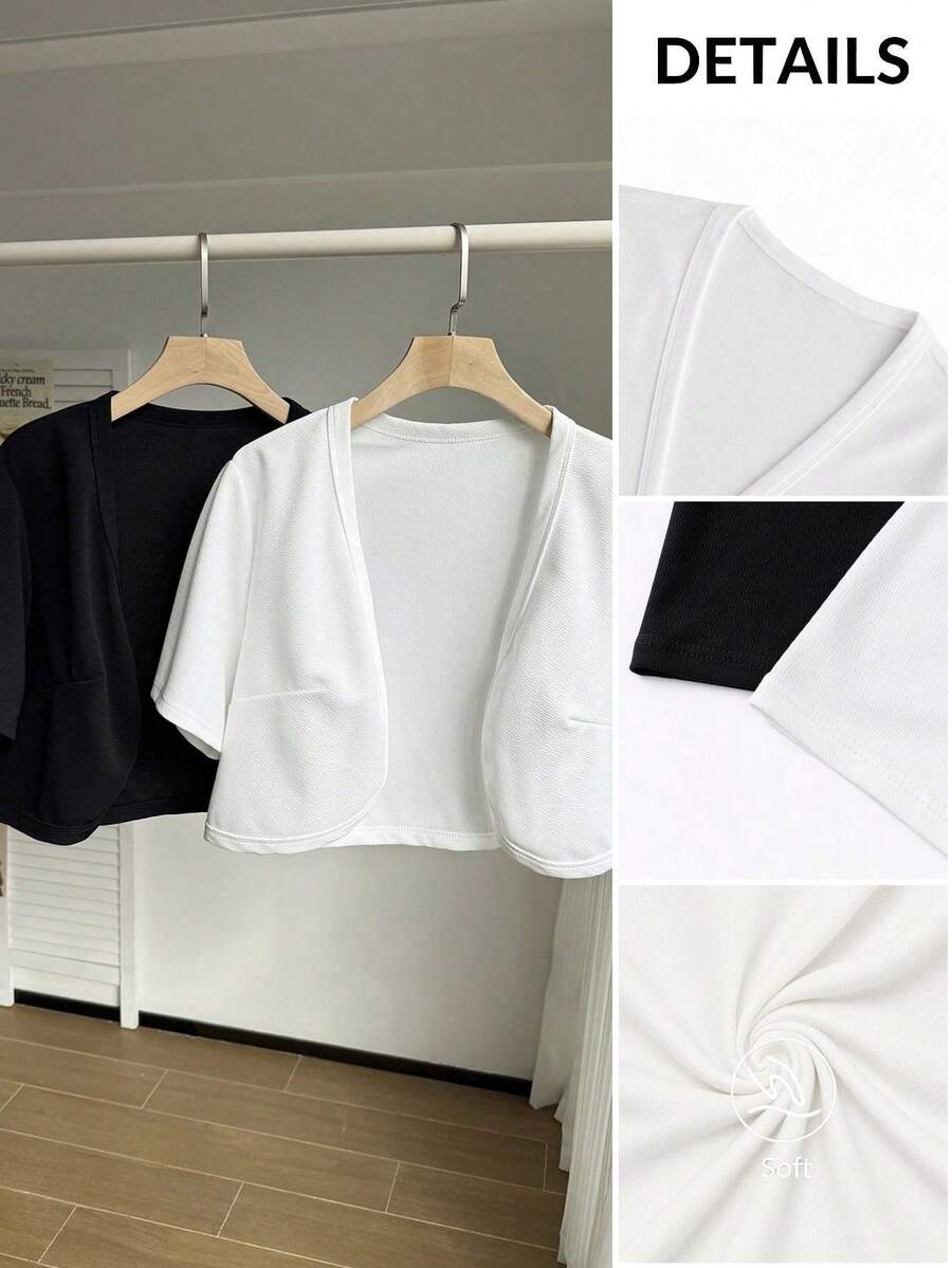 Comfortcana 2pcs Plus Size Women Short Sleeve Open Front Jacket In Black & White Cardigan Winter Fall Autumn