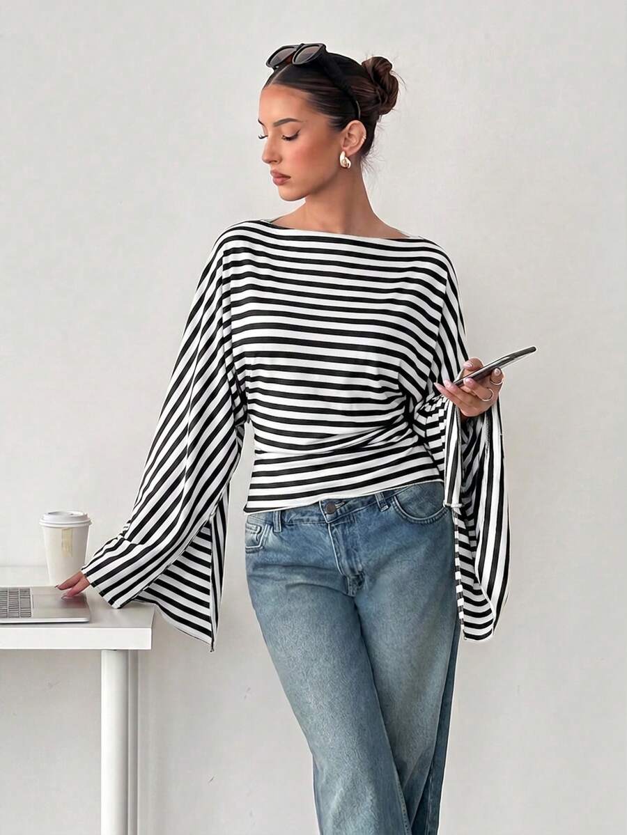 Siren Gaze Women's Striped Casual Versatile Long Sleeve T-Shirt For Daily Wear - Black and White - View 1