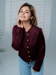 SARA VAULT Women's Fashionable Commuter Elegant Starfish Button Burgundy And Gold Shirt,Autumn, Clothes For Women Dinner - Burgundy - View 6