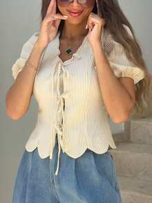 Alya Khalil Women's Summer Casual French Style/Work Brunch Petal Sleeve Tie Front Shirt Green And White Striped - Yellow - View 6