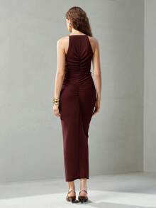 MOTF PREMIUM RUCHED DEEP V-NECK DRESS - Burgundy - View 7