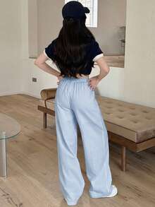 SHEIN 青少年女孩春夏藍色編織抽繩度假風百搭休閒寬鬆寬腿長褲 - 藍色 - 查看 5