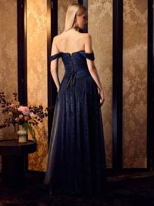 MOTF Soiréza ELEGANT WOMEN OFF SHOULDER RUCHED BODICE PLEATED MAXI GOWN FOR FORMAL EVENING PARTY, WEDDING, GALA - Navy Blue - View 4