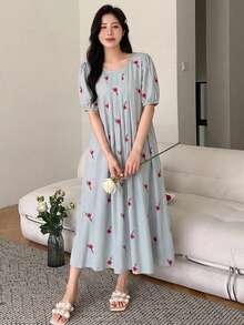 DAZY 花卉印花輕便短袖洋裝 夏季女款睡裙 - 綠色 - 查看 3