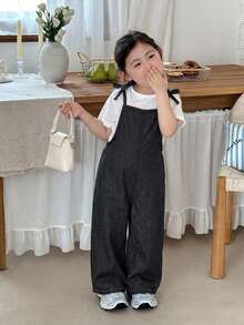 SHEIN Little Byeori 女童深藍色牛仔寬鬆連身褲 - 黑色 - 查看 5