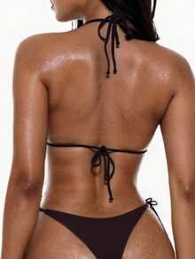 Swim Basics Solid Color Sexy Tie-Up Bikini Swimwear Set For Women, Beach Wear For Summer Beach Vacation - Coffee Brown - View 2