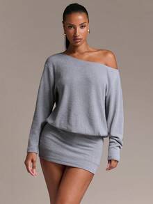 SHEIN BAE Women's Vacation Asymmetrical Neck Fashion Long Sleeve Sexy Dress - Light Grey - View 1