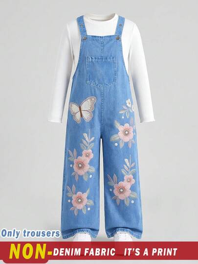 SHEIN Girls (Big) Casual Fashion New Style Jumpsuit, Cute Playful Butterfly Denim Burnout Metal Button Suspenders Long Pants, Suitable For Tween GirlsBack To School Season, Cute Sweet Lively Lady Daily School Outings Travel, Attending Parties, Photo Outfits