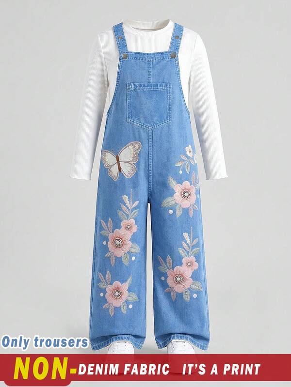 SHEIN Girls (Big) Casual Fashion New Style Jumpsuit, Cute Playful Butterfly Denim Burnout Metal Button Suspenders Long Pants, Suitable For Tween GirlsBack To School Season, Cute Sweet Lively Lady Daily School Outings Travel, Attending Parties, Photo Outfits