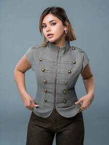SARA VAULT 2026 New Arrive Minimalism Spring/Summer Women's Retro Mandarin Collar Jacket, Suitable For Commuting Fall - Light Grey - View 2