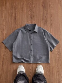 SWAVVY 男士極簡百搭單排扣短袖襯衫，適合日常穿著 - 深灰色 - 查看 2