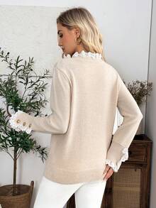 EMERY ROSE Crew Neck Casual Autumn/Winter Contrast Lace Elegant Sweater - Khaki - View 2