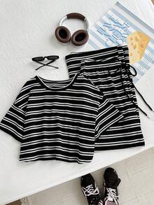 SHEIN EZwear 大码红色条纹T恤和裤子休闲两件套，夏季 - 黑色 - 查看 7
